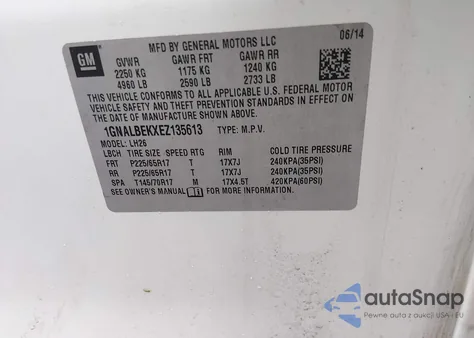 2014 Chevrolet Equinox 1Lt из США, поврежденный, VIN 1GNALBEKXEZ135613